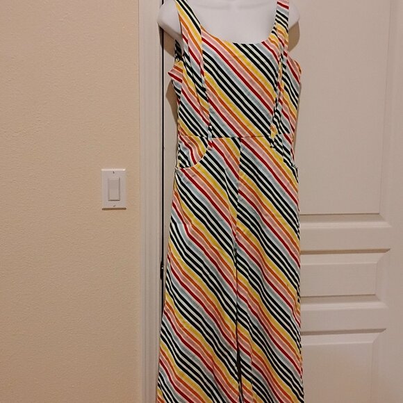 ModCloth x Collectif large L Jumpsuit Women's Darcie Rainbow Stripe US 10 UK 14 - Picture 1 of 9